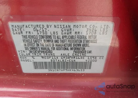 2017 Nissan Versa 1.6 Sv из США, поврежденный, VIN 3N1CN7AP9HK463653